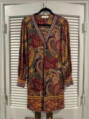 Hale Bob Burgundy Paisley V-Neck Long Sleeve Dress with Mustard Accents